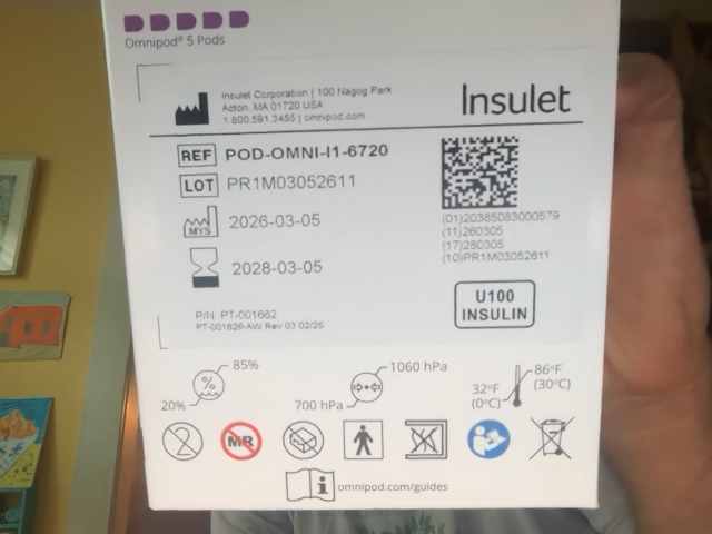 The side of the Omnipod box that shows the scannable code